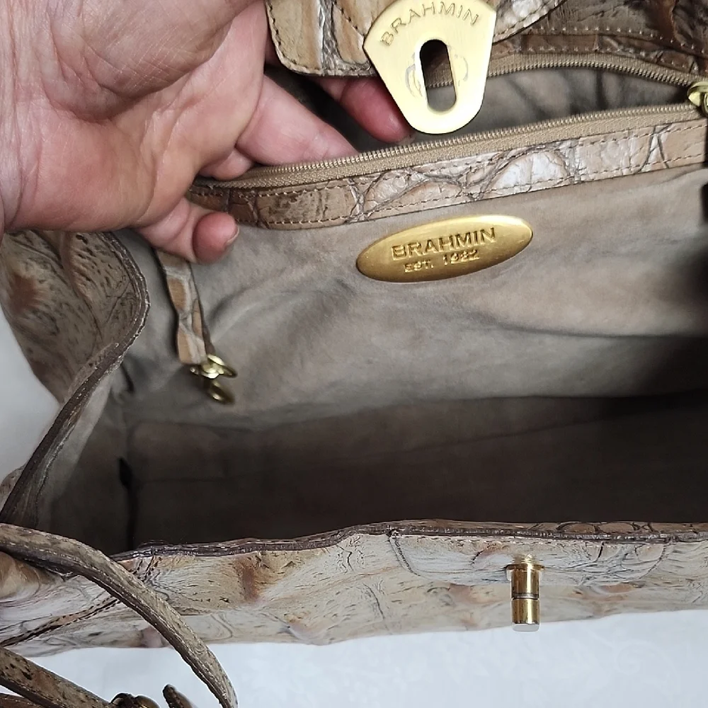 Brahmin Tan Croc-Embossed Leather Shoulder Bag with Goldtone Hardware Medium